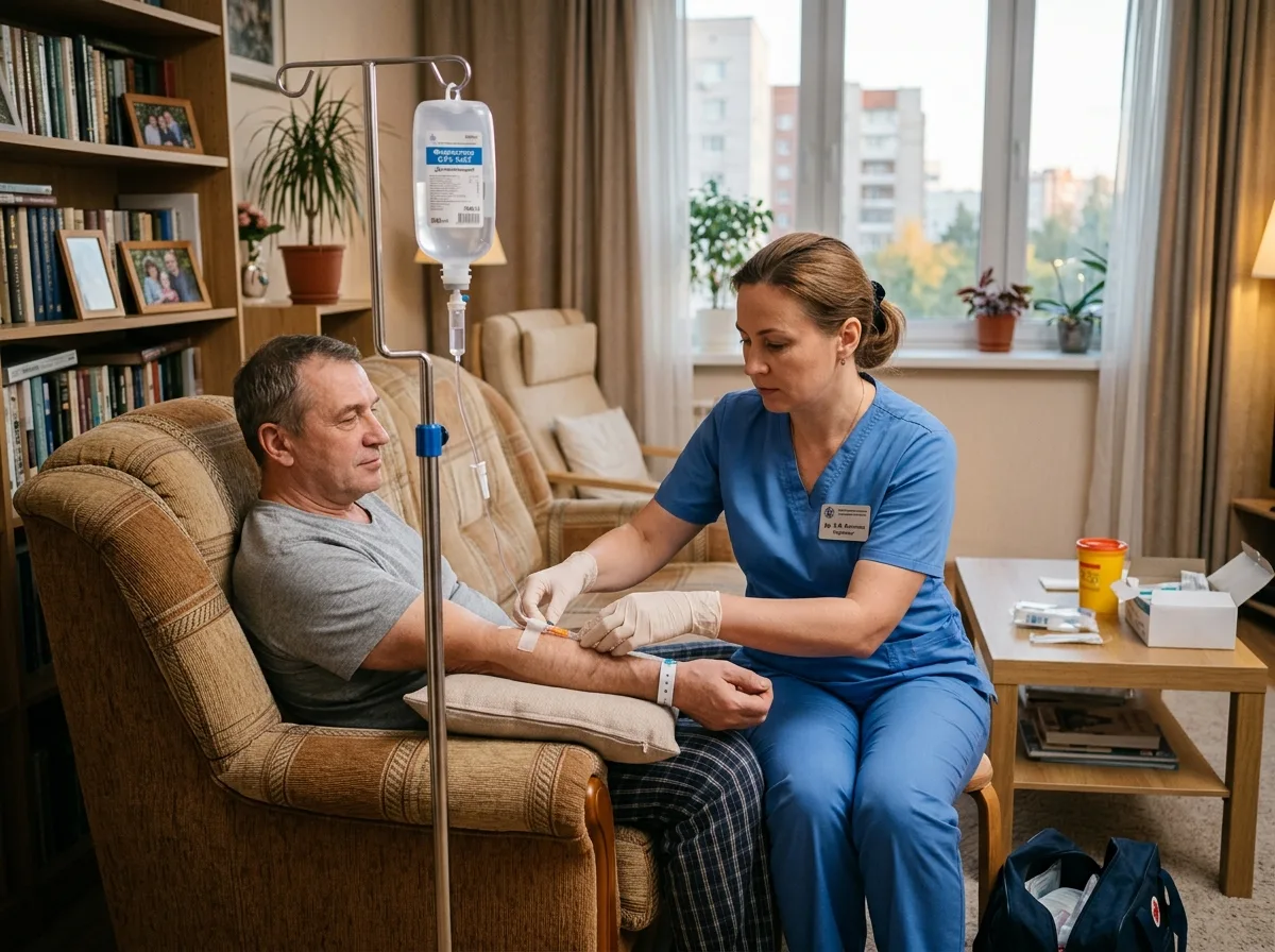Врач-нарколог устанавливает капельницу пациенту на дому в Екатеринбурге, медицинская процедура детоксикации, спокойная домашняя обстановка