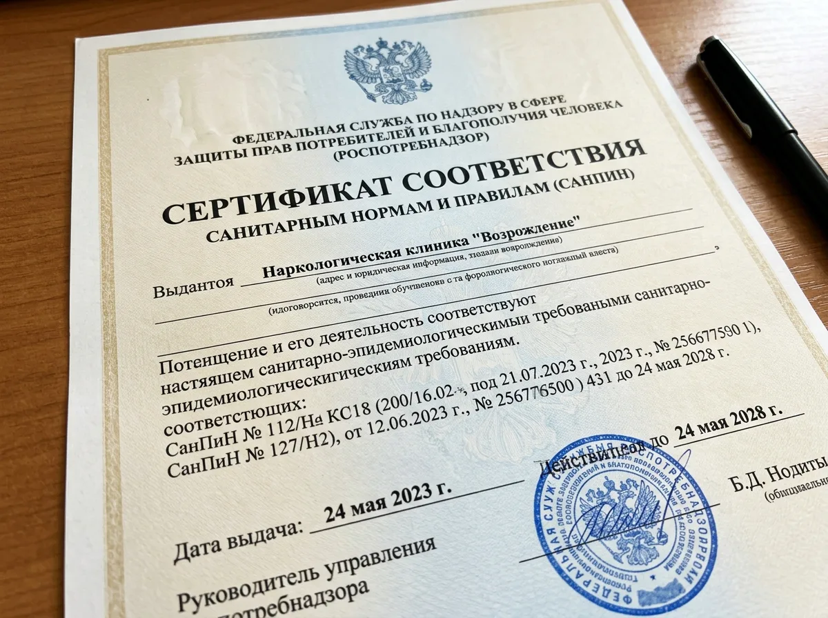 Сертификат соответствия санитарным нормам СанПиН для наркологической клиники, документ Роспотребнадзора