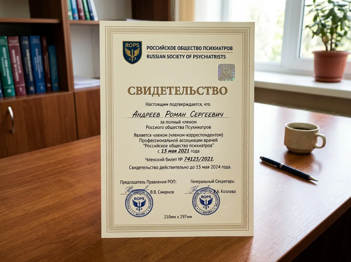 Свидетельство о членстве в Российском обществе психиатров, официальный документ профессиональной ассоциации врачей